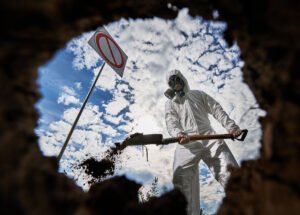 Ecologist Digging Pit By Shovel And Planting Tree In Polluted Area