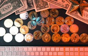 Crypto Coins And Money On The Desktop