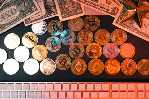 Crypto Coins And Money On The Desktop